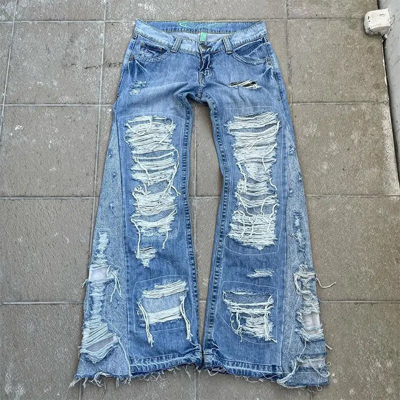 Jeans en denim personnalisés de street wear pour hommes, hip hop, épissage, détruire les rayures, déchiré, coupe ample, jeans baggy