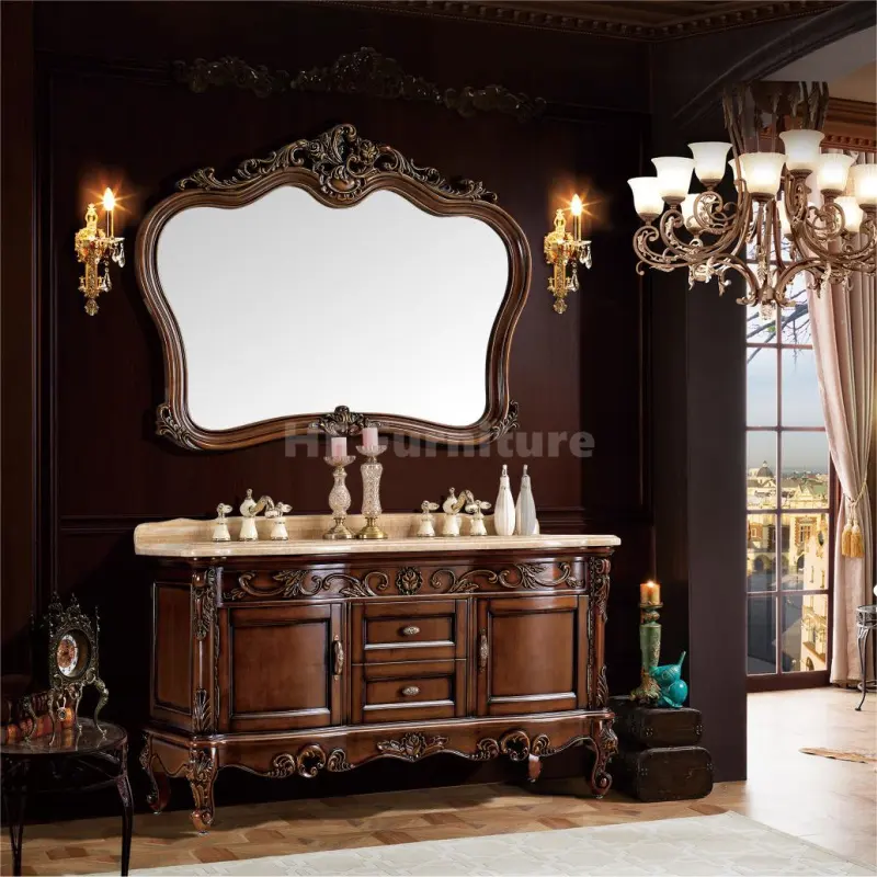 Set da bagno con doppio lavabo in stile americano mobile da bagno classico in legno massello con piano in marmo con specchio
