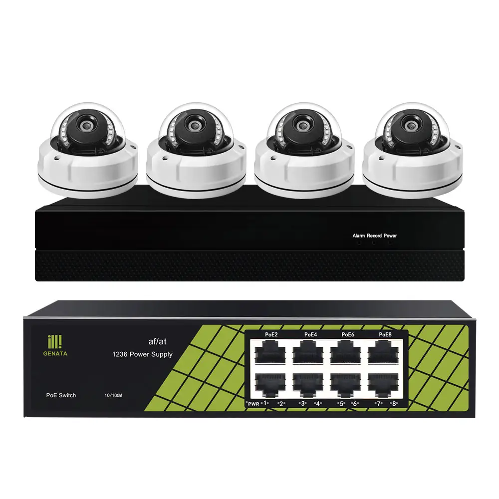 H.265 + 4 Stuks Dome Camera 4CH Cctv Home Surveillance Camera Beveiligingssysteem 5MP Met 1 Tb Hdd Cat5e Kabel 20M