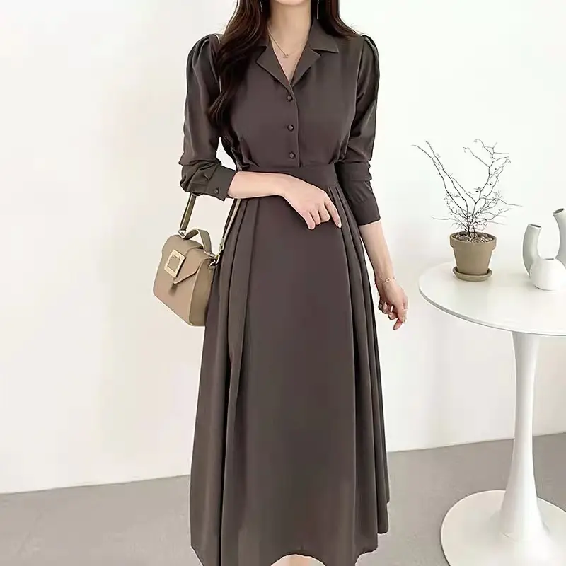 New Fashion Lady stile coreano abito intero manica lunga monopetto abito camicia donna