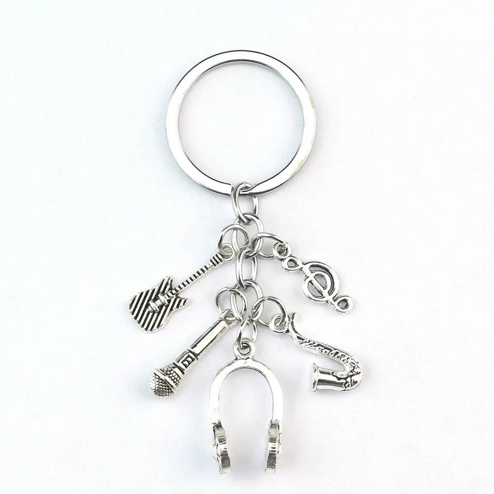 Alloy Creative Cool Punk Music Keychain, Microphone Note Guitar Key Ring,Festival Jewelry Gift Earphone