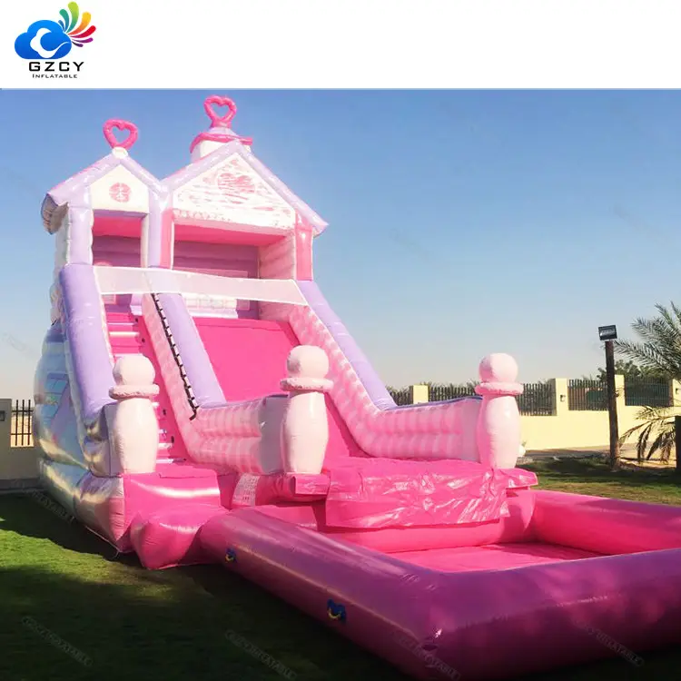 Tobogán inflable de alta calidad para exteriores, divertido tobogán de agua rosa con piscina