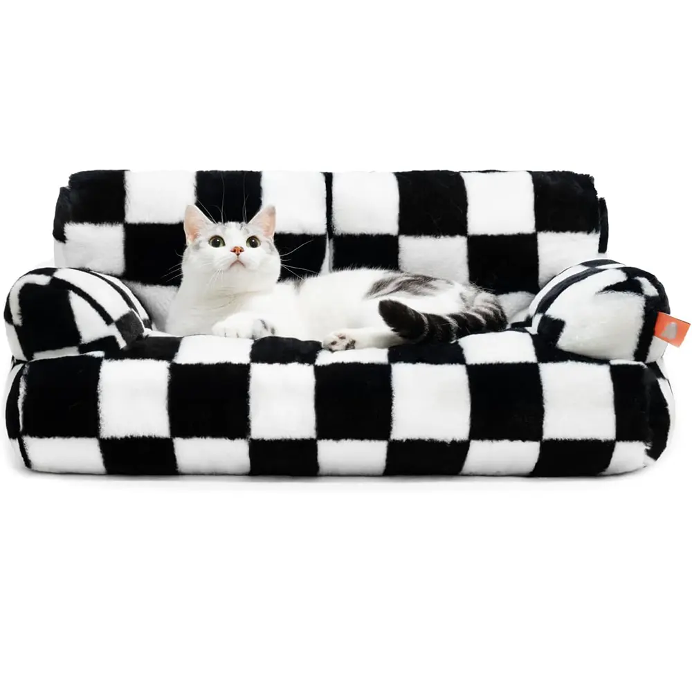 Yıkanabilir kediler köpekler kanepe dayanıklı kaymaz alt kabarık evcil yatak 26 inç siyah beyaz Checker desen dolması peluş Pet çekyat