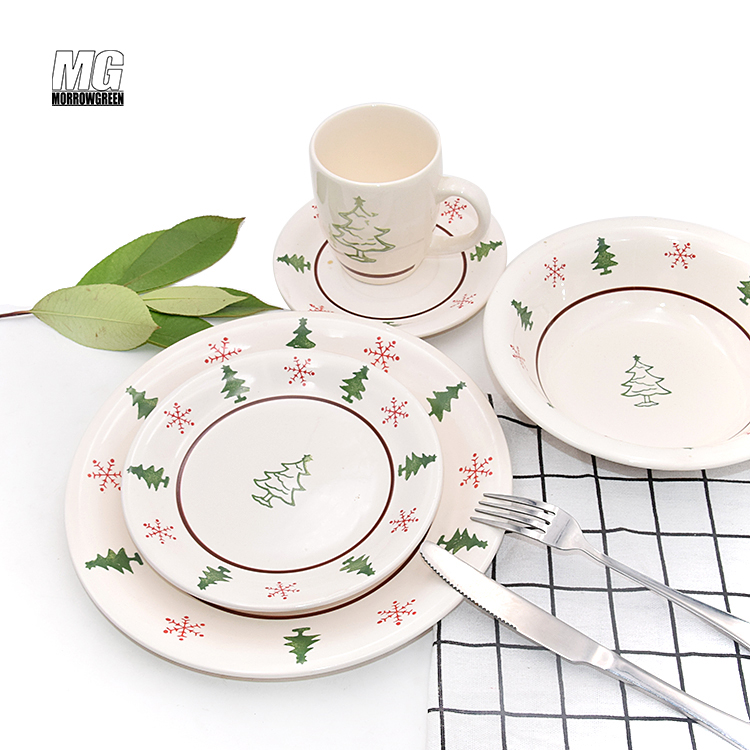 Promotional color ceramic plate sets kitchen restaurants 16PCS stoneware hand painted dinner set ceramic