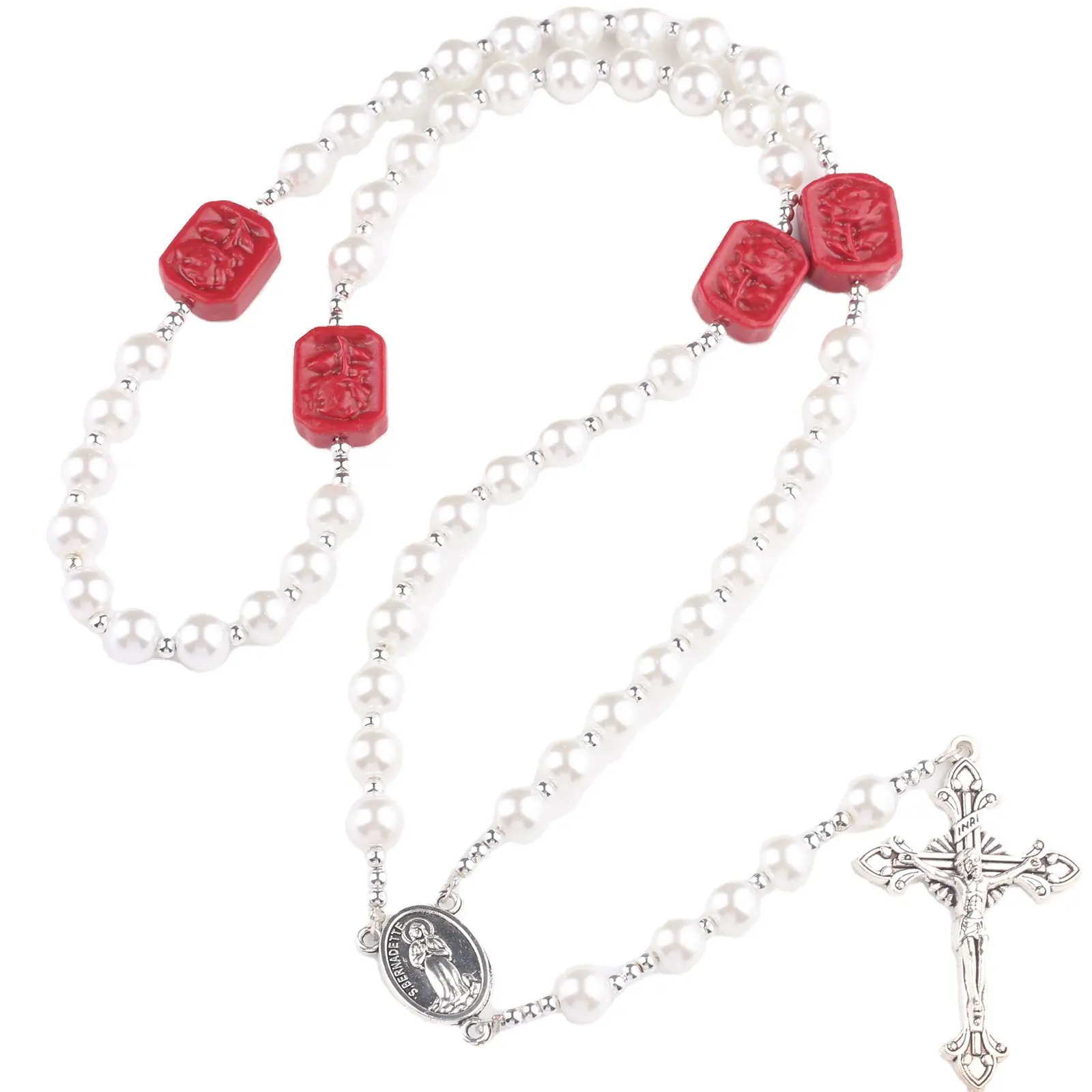 8mm di perle di vetro bianco con corallo rosa rossa perline rosario collana su filo