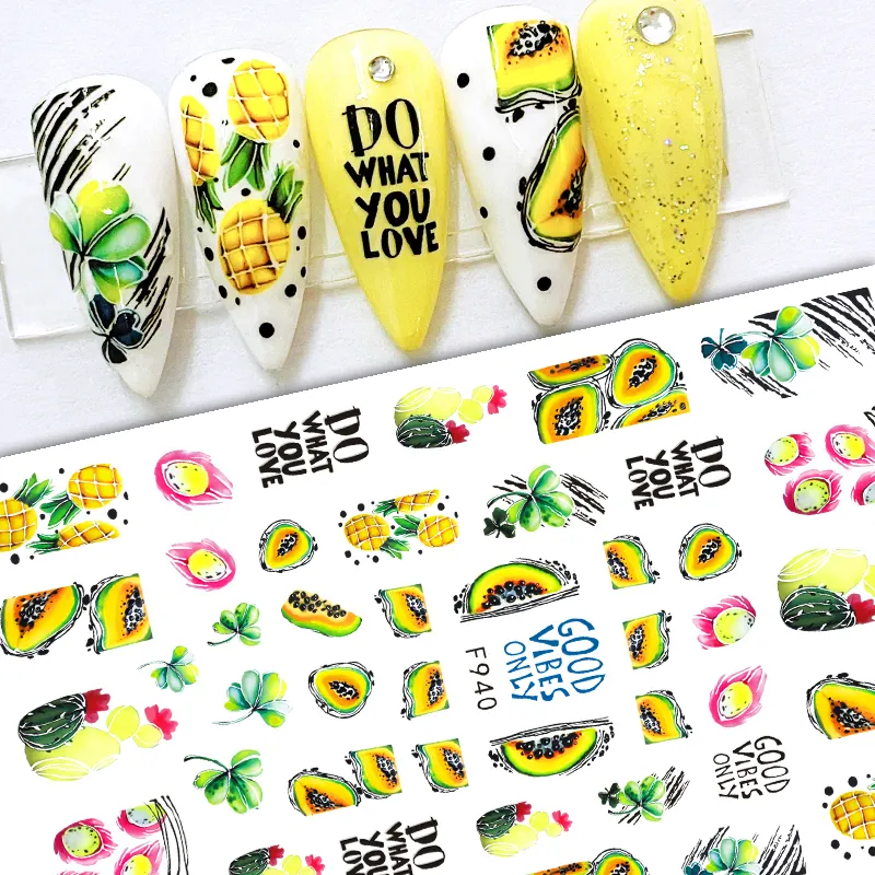 2023 Verão Adesivo Frutas Mamão Melancia Cereja Design Adesivo Nail Stickers Encantos Frutas UV Gel Polonês Dicas Decoração