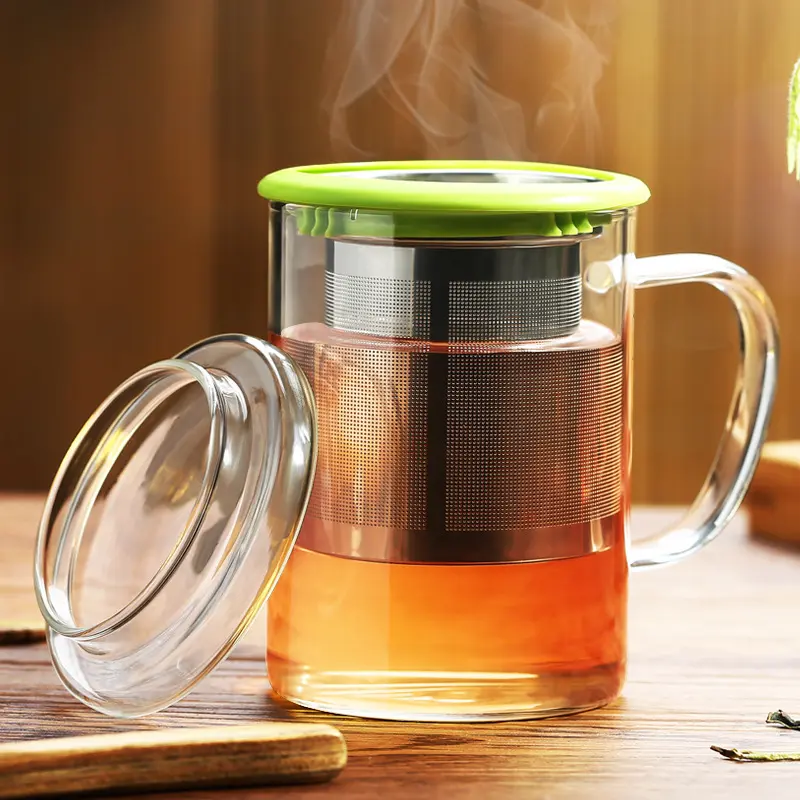 Taza de té de vidrio de borosilicato con infusor y tapa para té, café, leche, 400ml