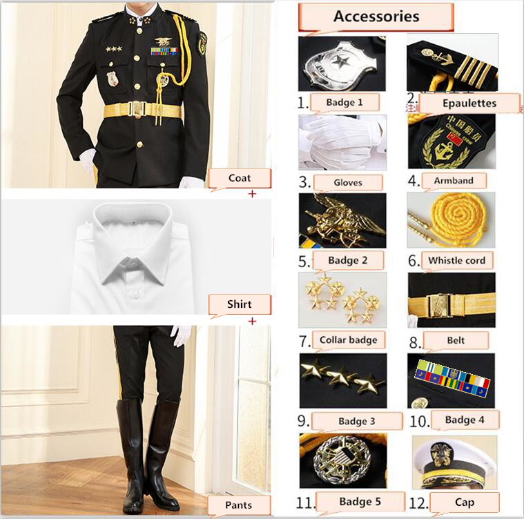 Manteau noir + pantalon + chemise + casquette + 11 accessoires