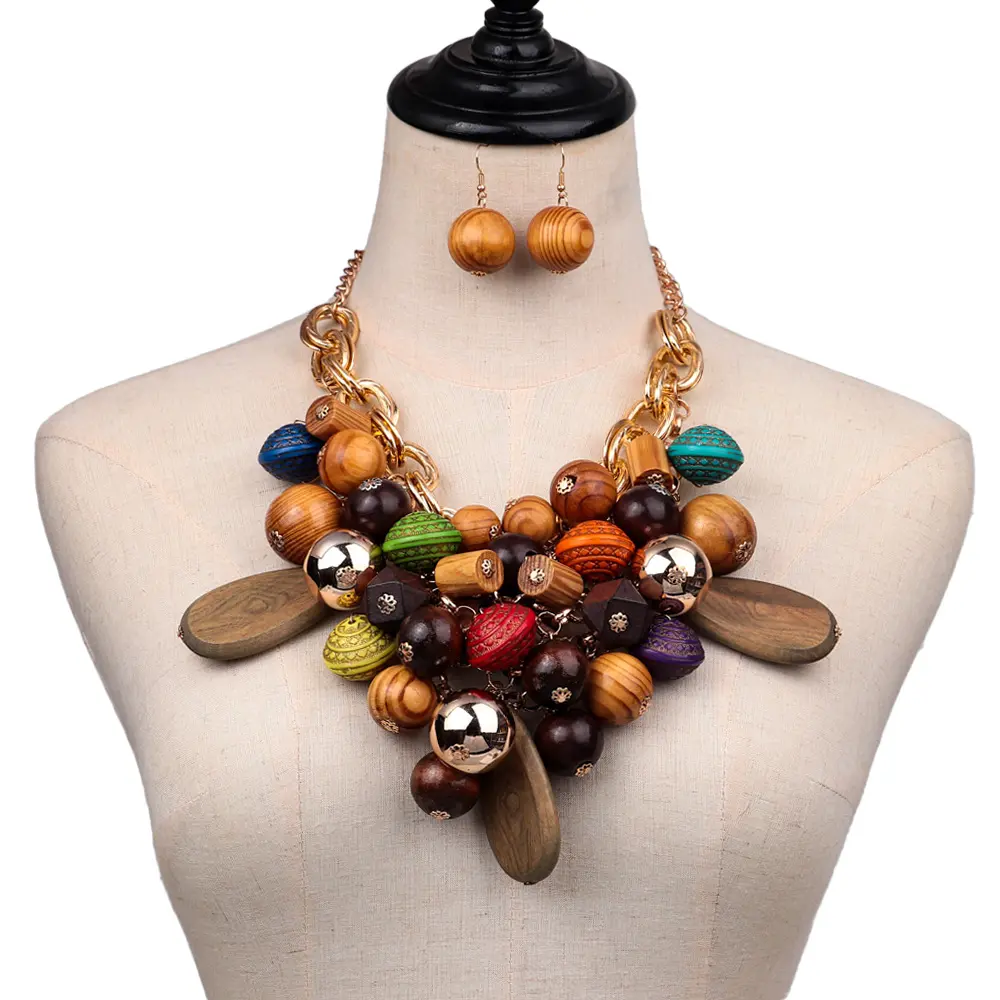 African Ethnic Style Creative Colorful Wood Bead Earrings Personality Geometric Beads Pendant Party Jewelry Necklace Set Women