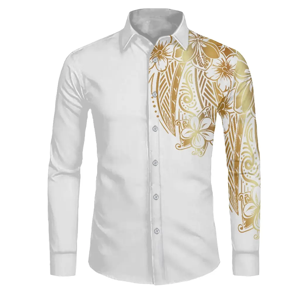 เสื้อเชิ้ตลำลองผู้ชาย,เสื้อสีขาวลายชนเผ่าโพลีนีเซียพร้อมรอยสักซามัวสีทองพิมพ์ลาย Oem สำหรับผู้ชายสินค้าใหม่ปี2022