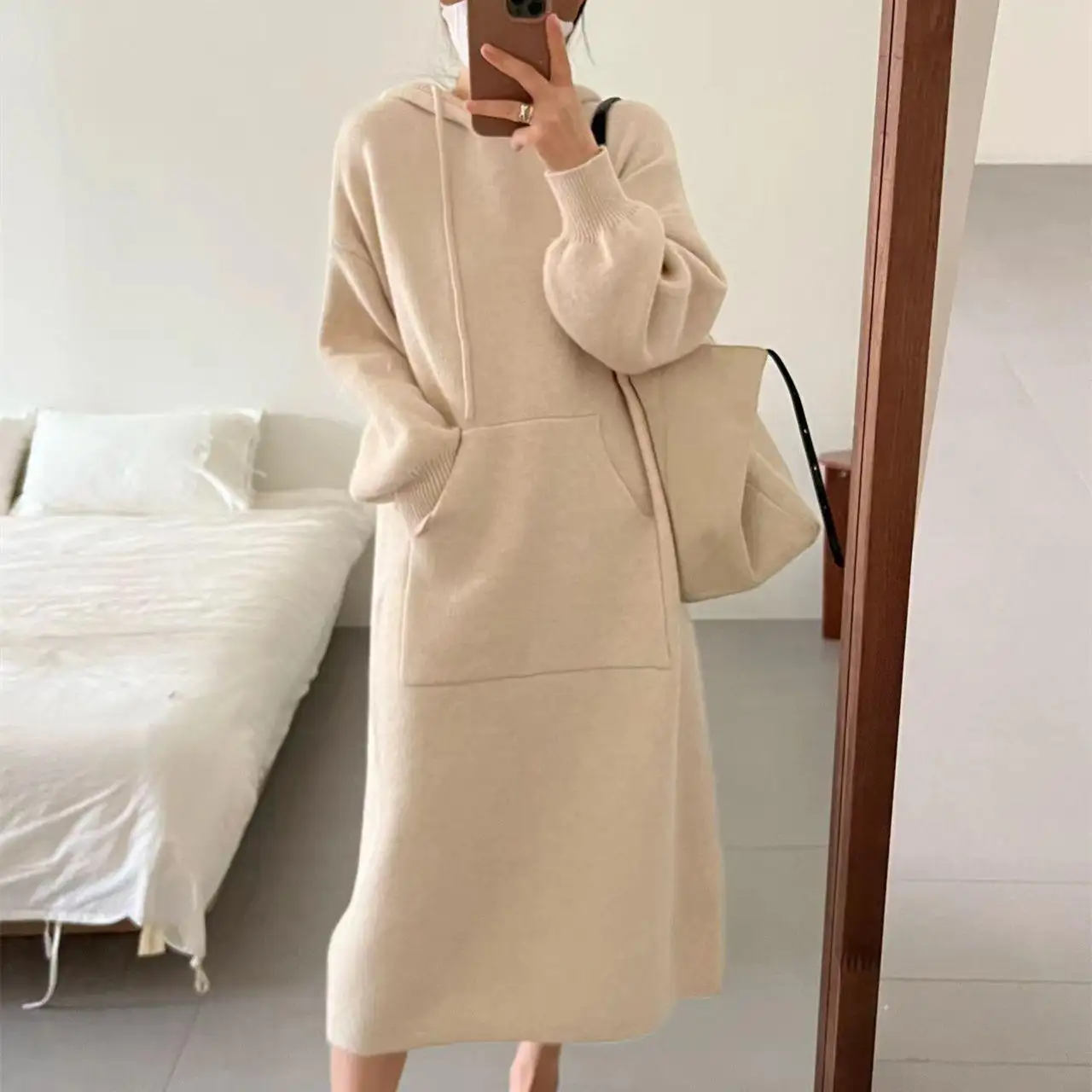 Automne et hiver robe tricotée à capuche mi-longue nouvelle mode pull décontracté poches français grande taille pull robe femmes