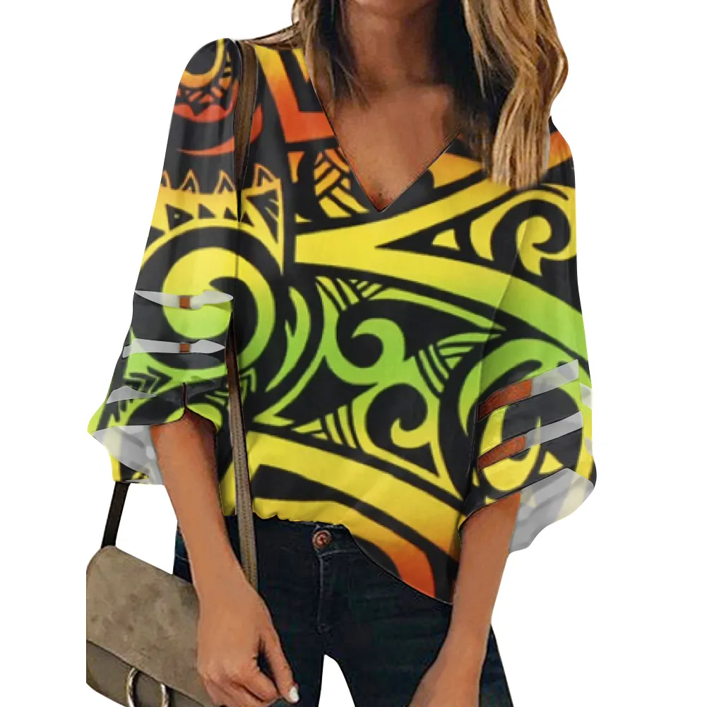 高品質ポリネシア伝統的な部族スタイル夏ブラウスレディース卸売カスタムプリントVネック3/4スリーブ女性シャツ
