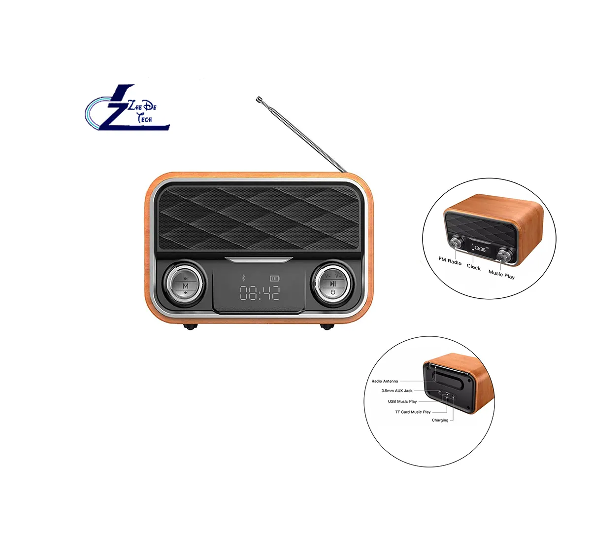 OEM Venta de fábrica Vintage Retro Radio Home Bluer Tooth Altavoces con tableta Android compatible Despertador de madera Cargador inalámbrico