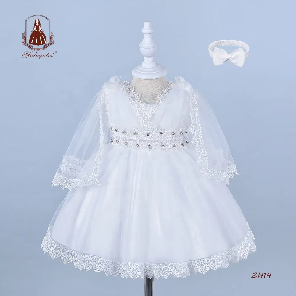 Großhandel Baby Neugeborenen Mädchen Taufe Kleid Prinzessin Party Kleider, Mit Kappe Taufe Weiß Kleid Taufe Outfit