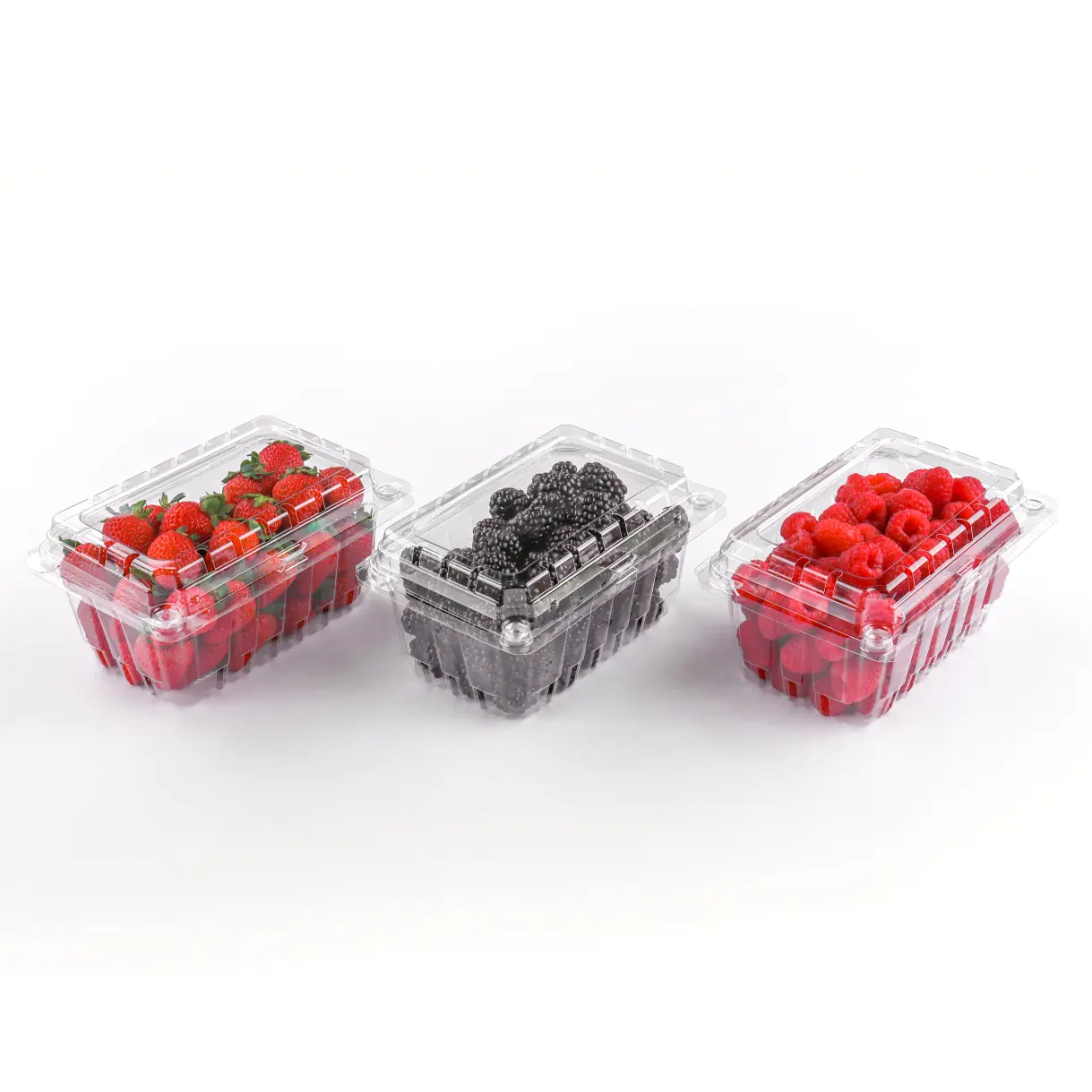 Envase de comida apilable al por mayor, RPET desechable, tomate, cereza, fresa, fruta, caja de plástico con agujero
