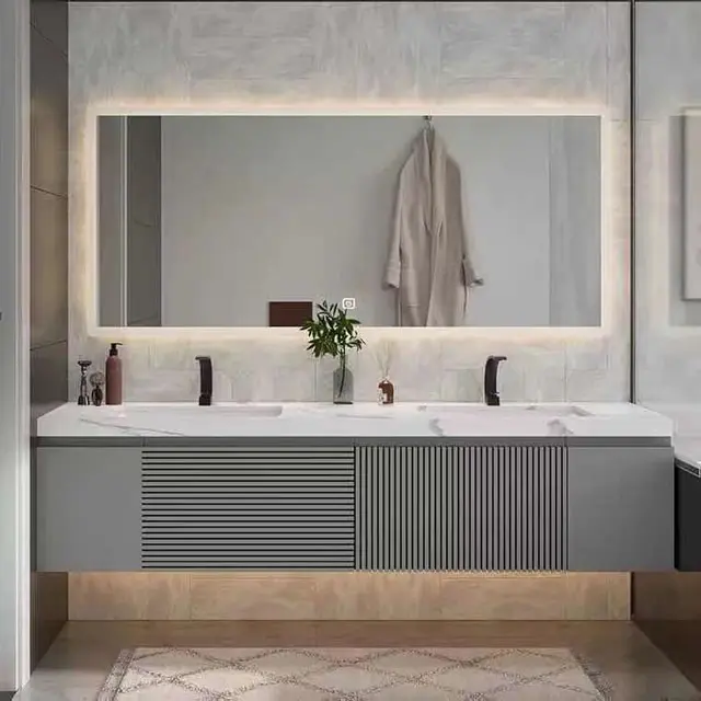 Armario de almacenamiento de baño de melamina HZ, diseño moderno Simple con doble lavabo, tocador personalizado