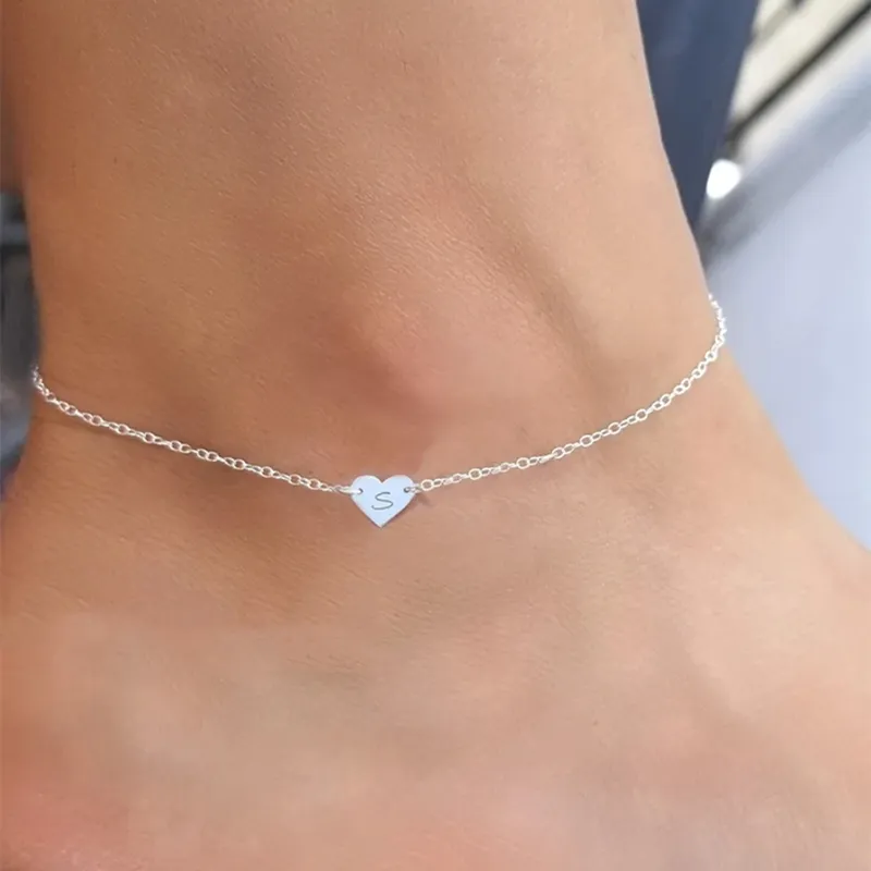 Custom Side ways Dainty Heart Pendant Anklets Personality Engraved Name Letter anklet Jewelry for Woman Girl Stainless Steel Gif