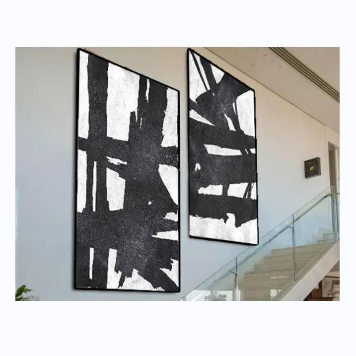 Set di 2 pittura acrilica Extra Large su tela, pittura minimalista su tela, pittura geometrica in bianco e nero
