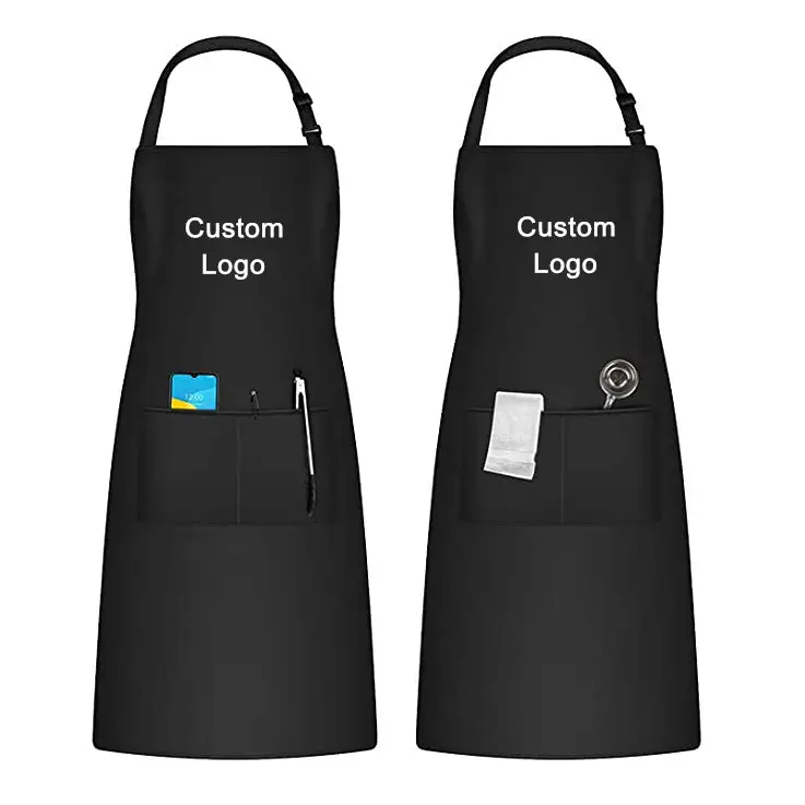 Delantal largo de cocina para Chef, diseño personalizado, logotipo impreso, color negro, de algodón, con dos bolsillos, OEM de fábrica