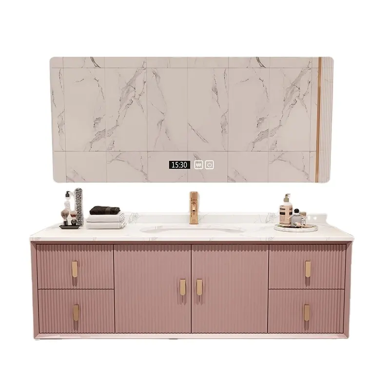 Mueble de baño de almacenamiento impermeable de color rosa con cajones y espejo para colgar en la pared, tocador, muebles de madera a la venta