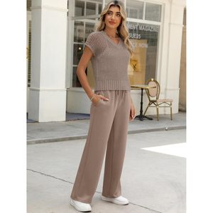 Anralounge kadın 2 parça yaz rahat salon setleri tığ örgü kazak yelek geniş bacak pantolon için seyahat eşleştirme kıyafetler pıhtı