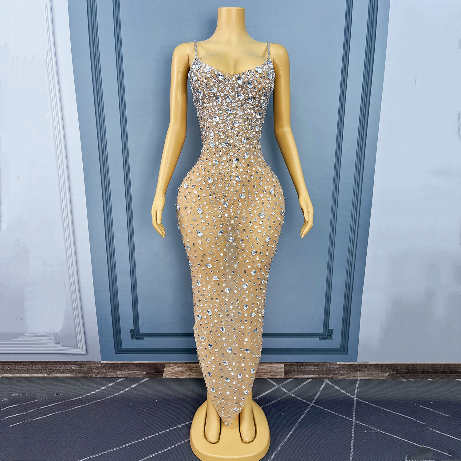 Nude mesh with silver crystals
