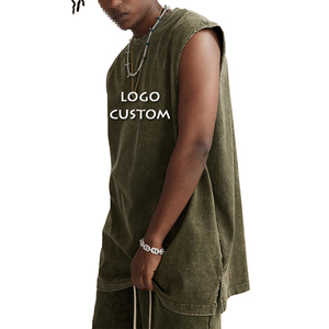 Custom Vintage Washed Cotton Men's <strong>Tank</strong> Tops Factory Side Slit Sleeveless Sport Vest with Patchwork <strong>Pattern</strong> Street Casual Style - Product Image 4