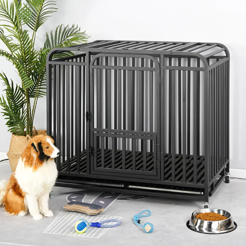 Новое поступление, металлическая квадратная трубка, черная сверхпрочная клетка для домашних животных с колесами для больших собак