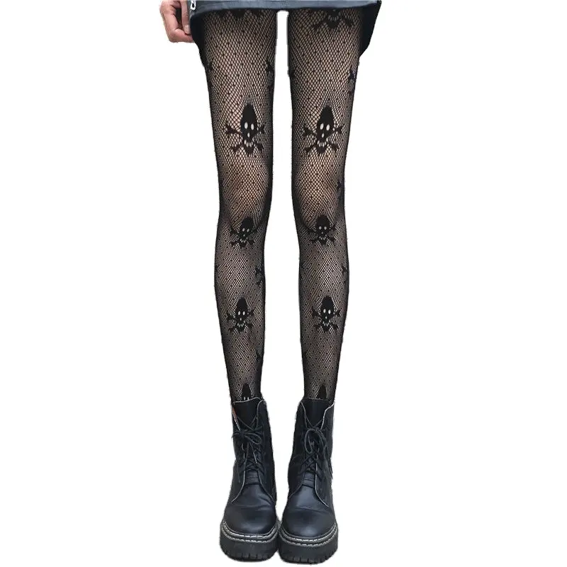 YS-T1208 Punk Stretch Pantyhose Sexy Fique até Coxa High Tights Fishnet Mesh Meias para Mulheres Acessórios Print Skull Free