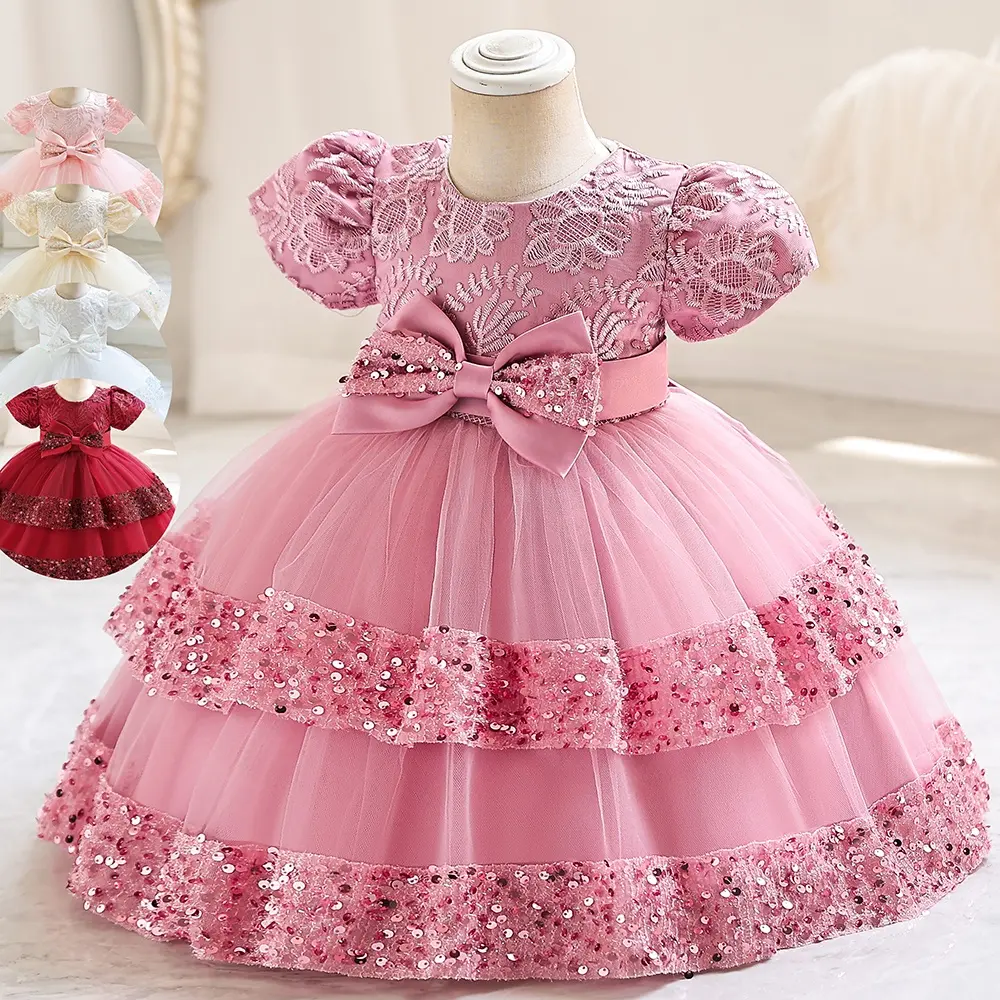 Vestido de manga abullonada para niña de 0 a 5 años, traje de Ceremonia de champán rosa granate blanco, falda tutú, vestido de princesa con lazo para niños