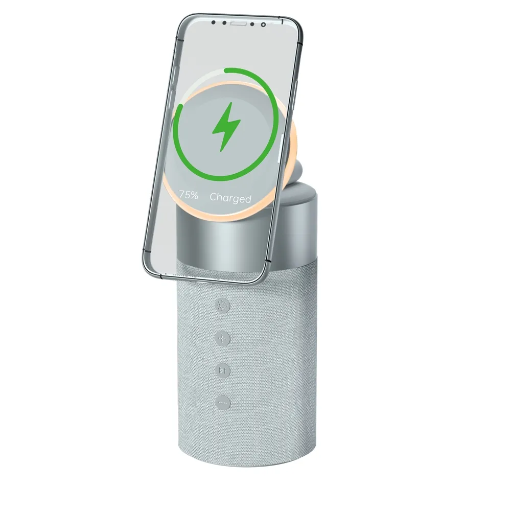 Ide produk baru pengisi daya nirkabel 3 dalam 1 2024, pengisi daya ponsel Speaker Bluetooth dengan lampu hangat LED, Speaker suara Stereo portabel