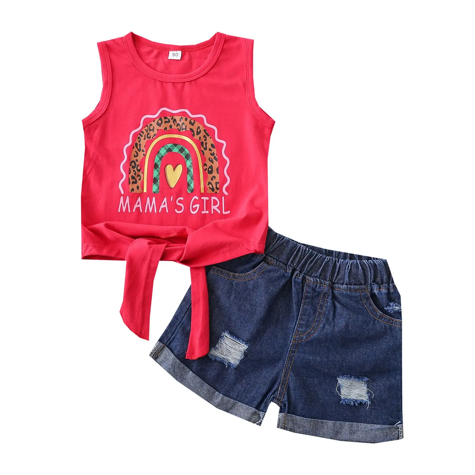 Hot Sale Kleidung für Kinder Sommer Mädchen Outfit Set Baumwolle T-Shirt Jeans Shorts Kinder Kleidung Sets