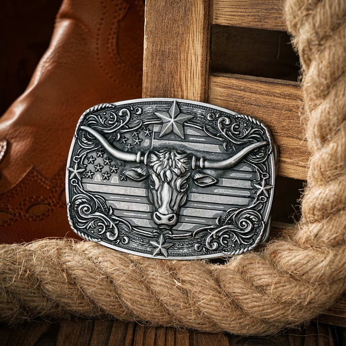 หัวกระทิงพร้อมธงชาติอเมริกา สีเงินโบราณ