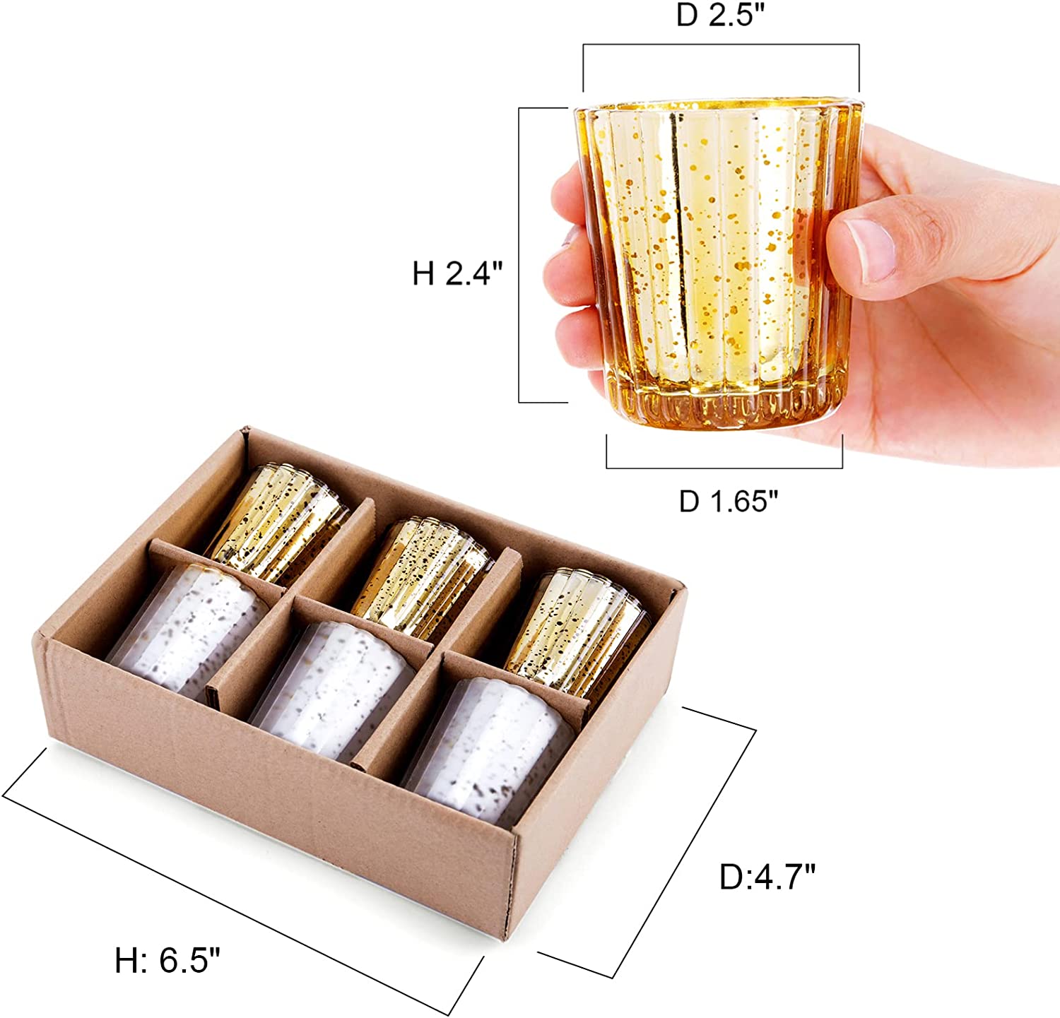 6 Pcs Pack Silver + Gold Speckled Mercury Glass Votive Candle Holder Bulk Candle Holders