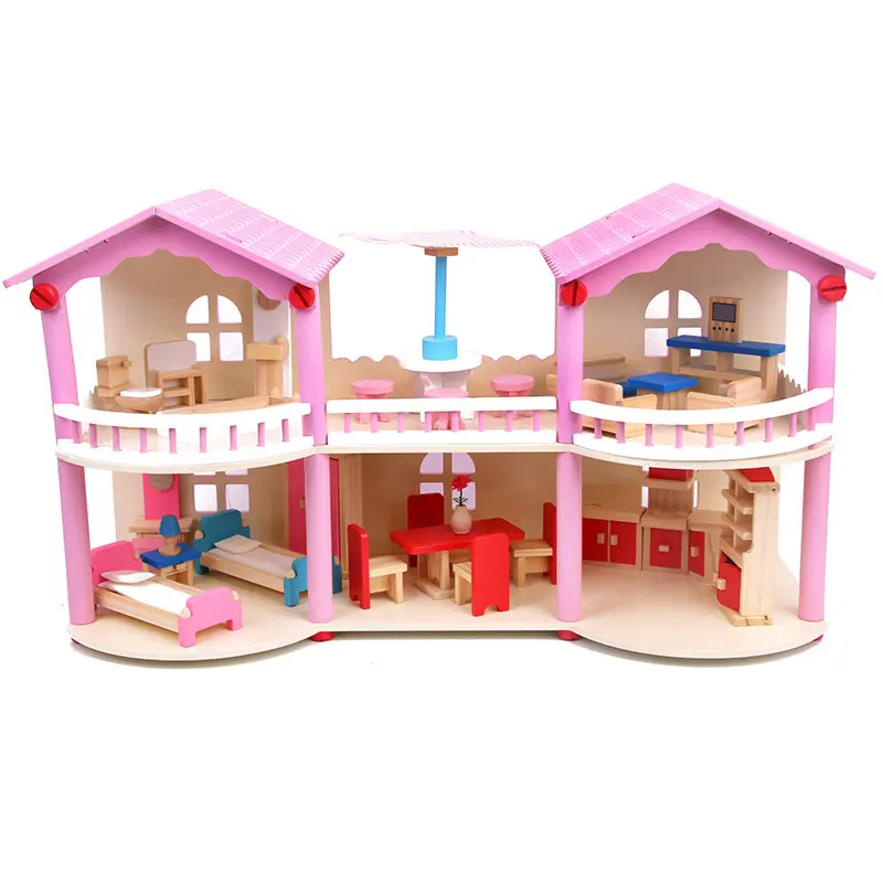 COMMIKI trois maisons de poupée géantes droites rose pour filles Elsa et Anna 1/12 échelle maison de poupée grande maison de poupée en bois