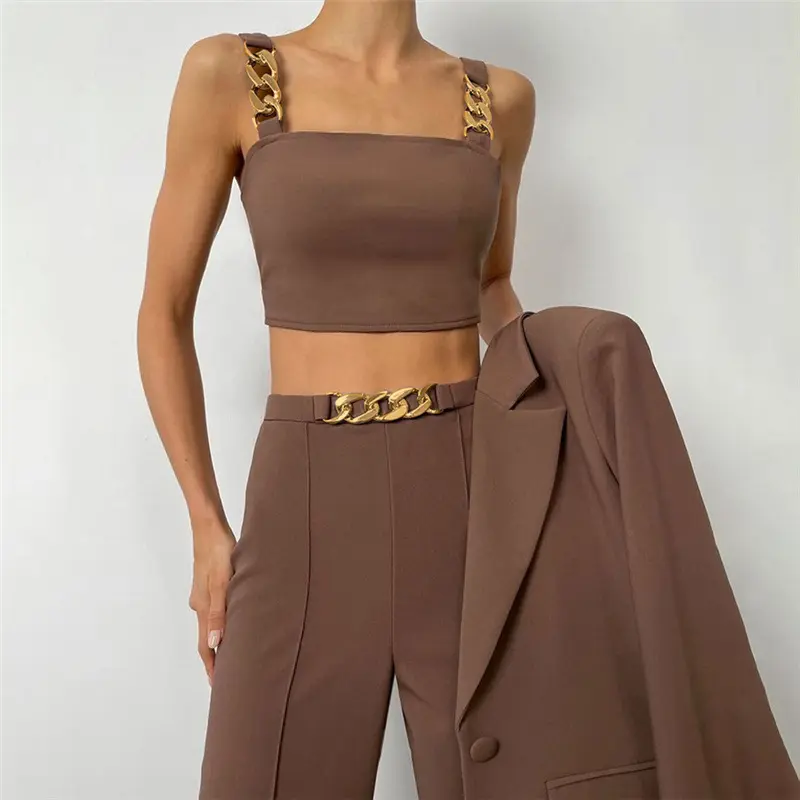Женский комплект из двух предметов, укороченный топ с цепочкой и широкие брюки с высокой талией, комплект одежды для осени и зимы, 2022