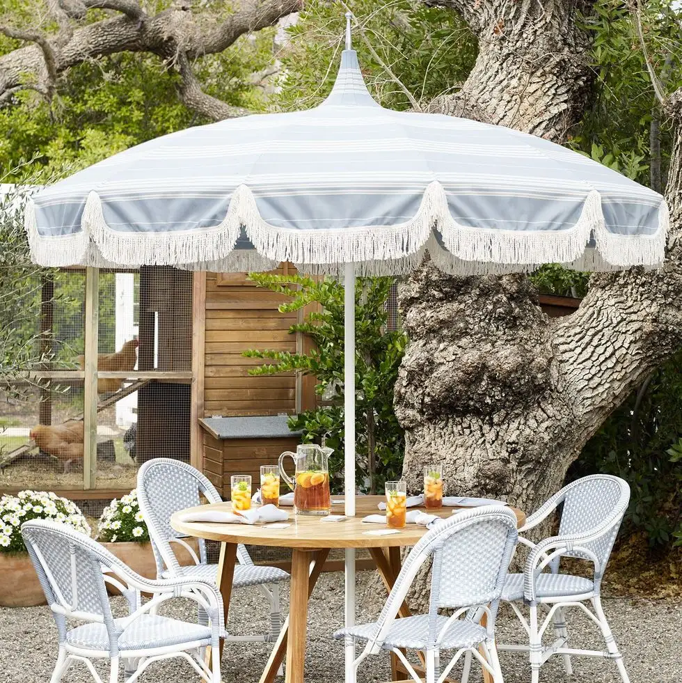 Parapluie de luxe pagode californienne patio piscine 8.5ft avec glands, marché en aluminium extérieur terrasses de jardin porche grand parasol