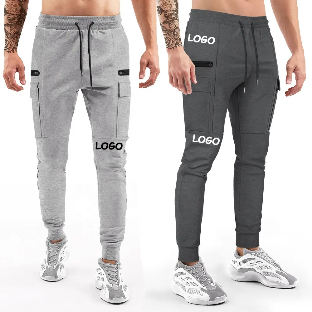 Pantalones Cargo con Logo personalizado para hombre, pantalón de Fitness con bolsillos laterales, color gris y negro
