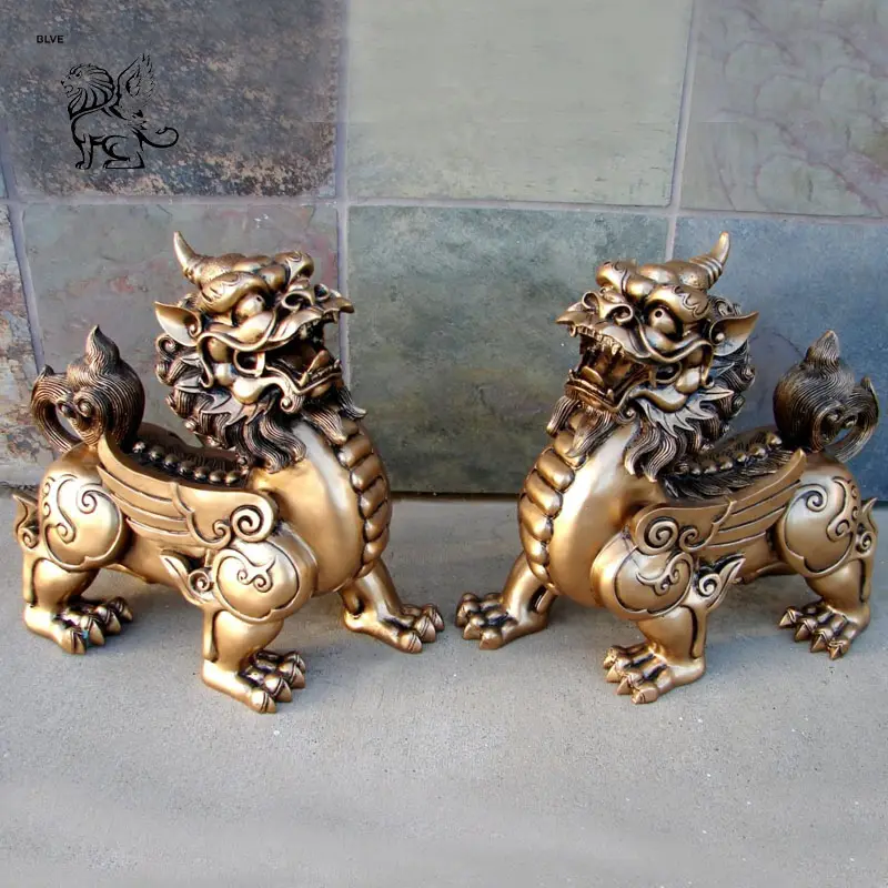 Trung quốc phong thủy động vật điêu khắc Foo con chó sư tử con thú Kylin Pi xiu tượng đồng