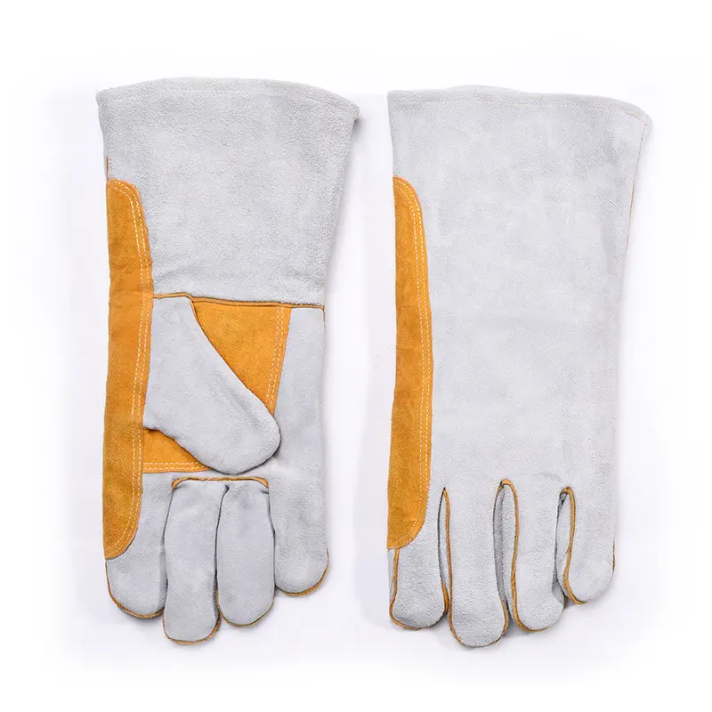 Оптовая продажа, желтые термостойкие сварочные перчатки для сварщиков, рабочие защитные перчатки из воловьей кожи