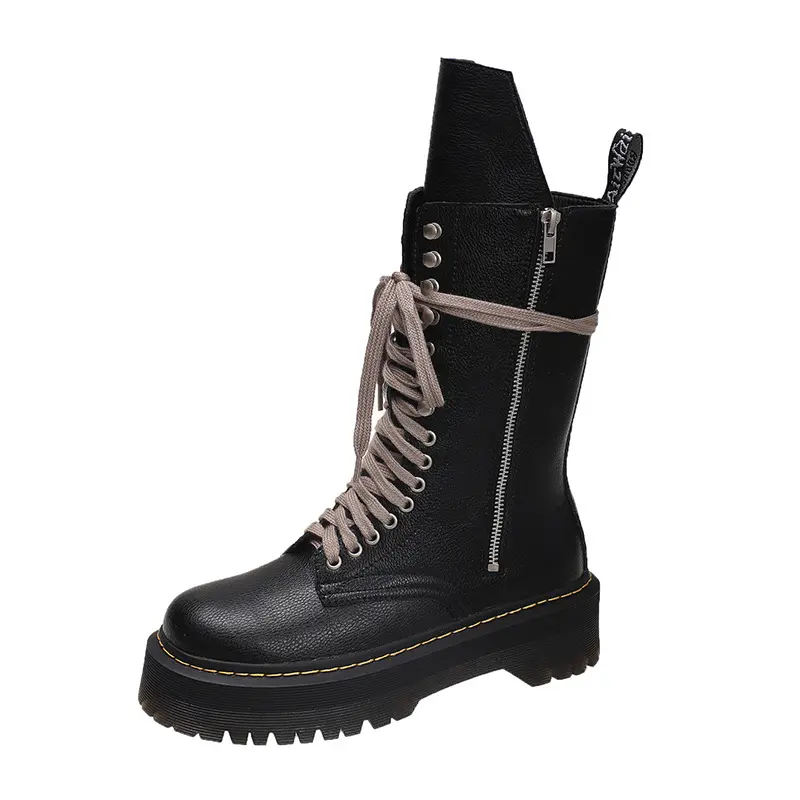 Kadınlar batı Boot perçin Martin çizmeler Punk tarzı siyah orta buzağı yarım tüp Boot ayakkabı dantel-up Bootie Femme Bootie ayakkabı ayakkabı