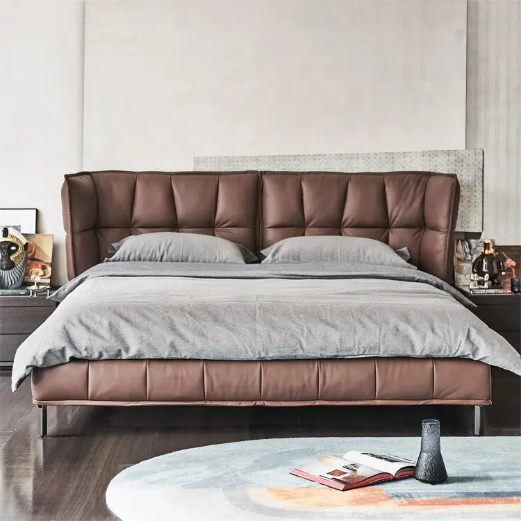 Современная кровать из натуральной коровьей кожи с высокой спинкой, дизайнерские итальянские королевские кожаные кровати