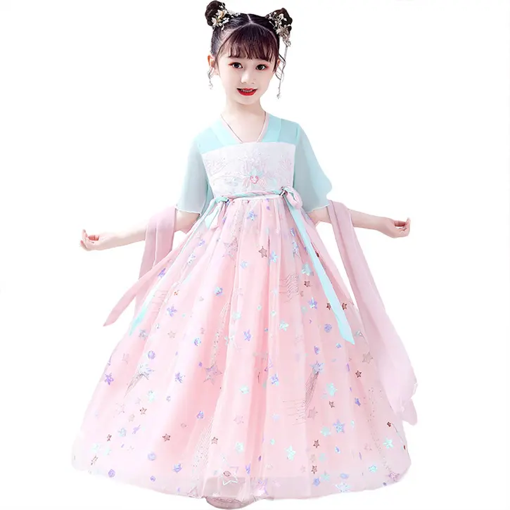 2024 nueva última moda Maxi Girl performance wear verano niños princesa vestido manga corta Han traje chino