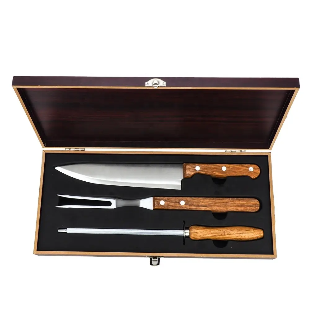 Set di 4 Kebab torrefazione intaglio coltello e forchetta Grill Set di strumenti per Barbecue accessori per Barbecue all'aperto cucina con scatola di legno