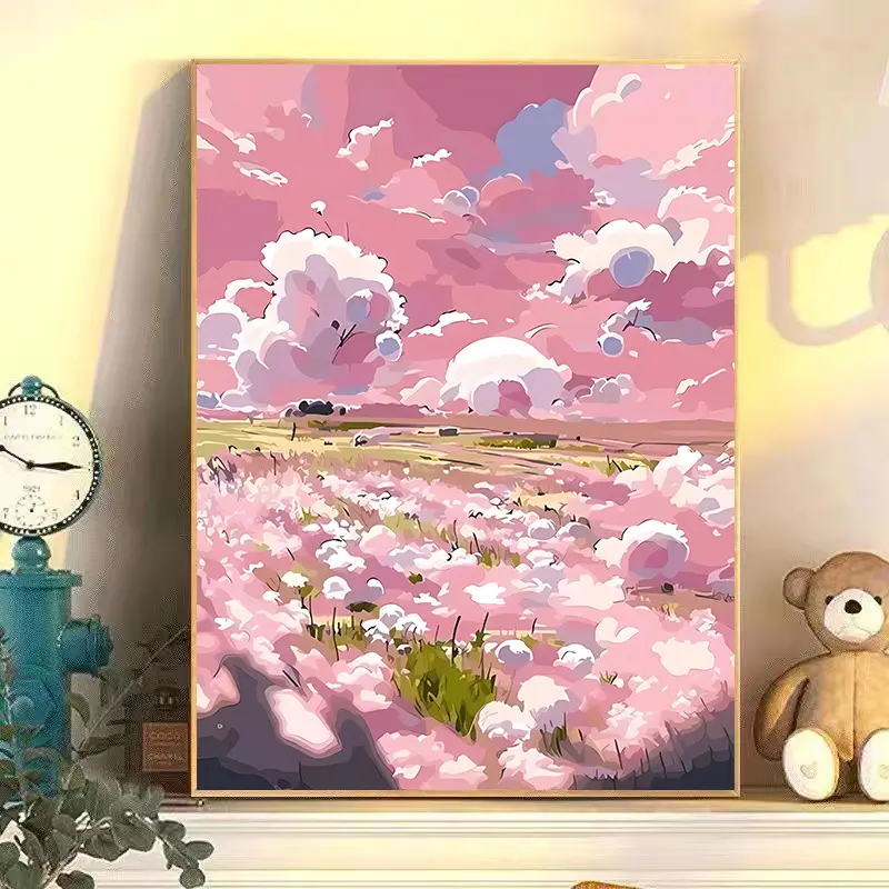 S203 Pintura de nuvens rosa por números, tamanho 4050 com moldura interna, opcional, 26 estilos, pintura a óleo por números