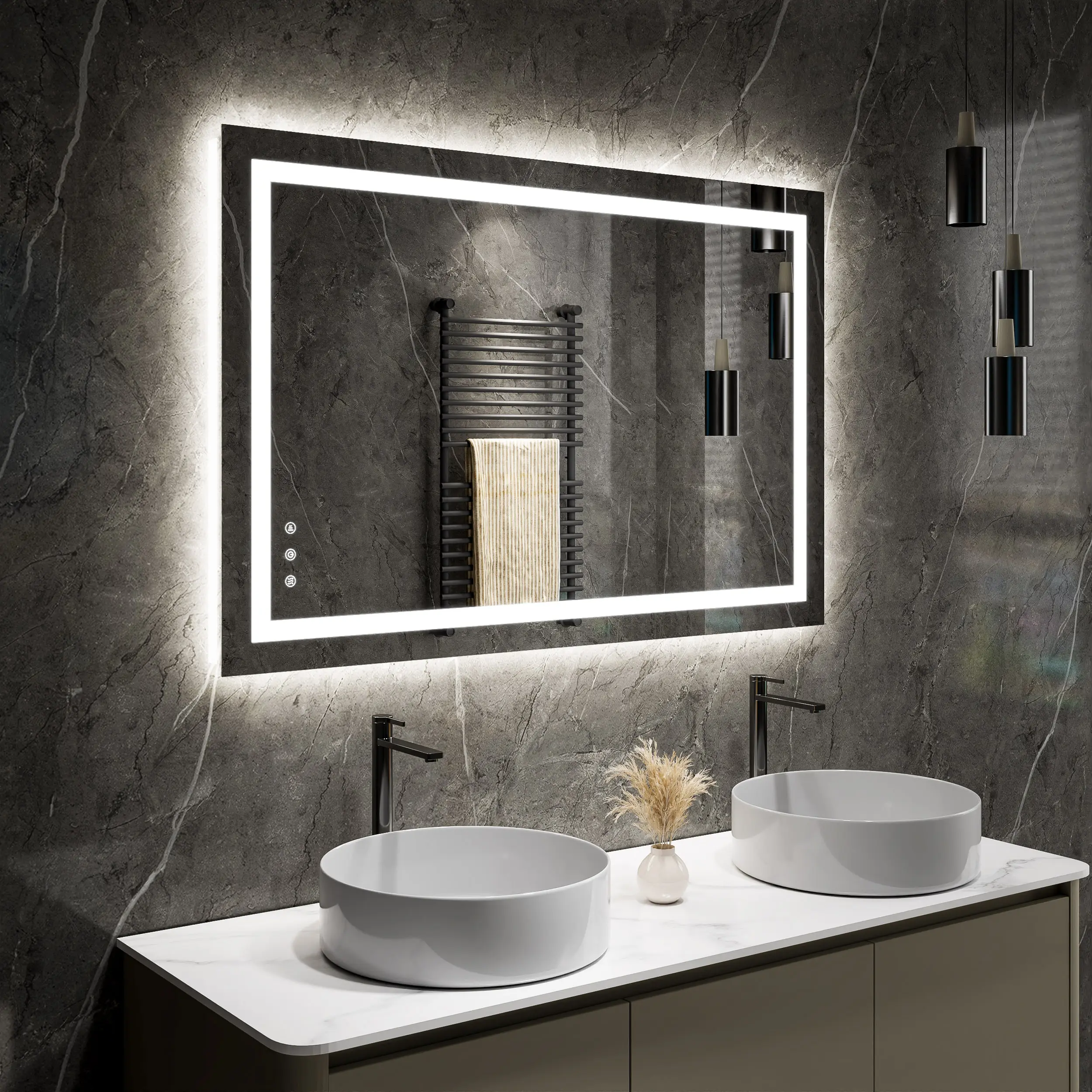 Espejo de baño retroiluminado inteligente con pantalla táctil de 48x32 pulgadas, luz de pared rectangular sin marco antivaho, con luz LED