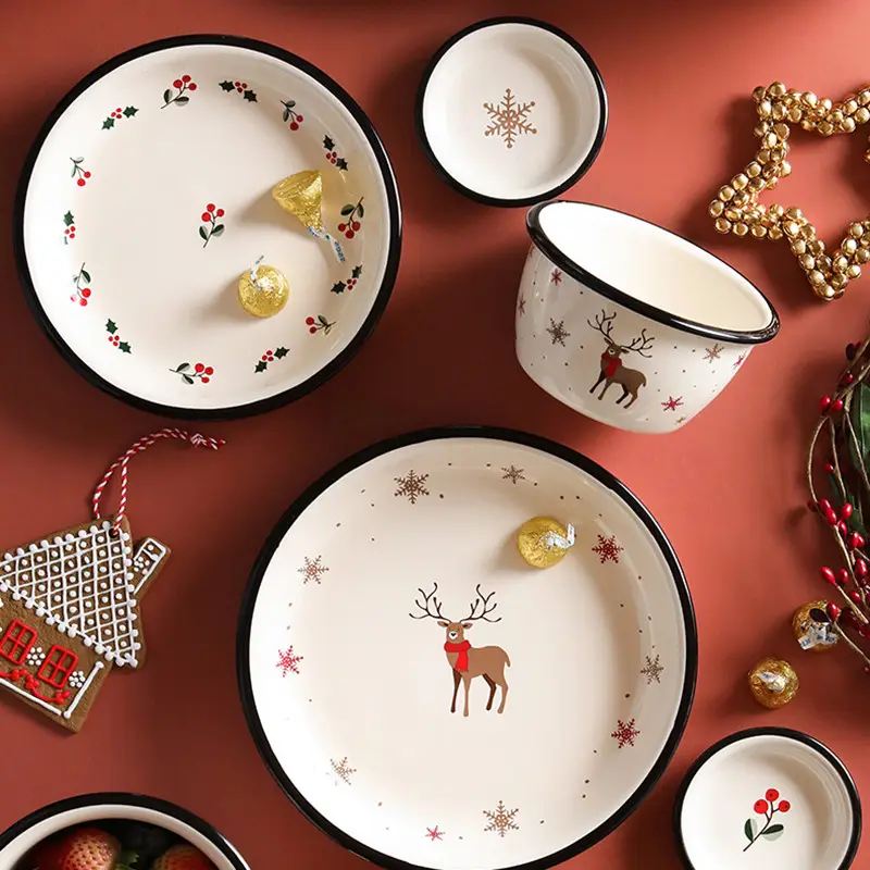 Rena jantar de cerâmica de natal, placas e pratos, louças de porcelana, conjuntos de louças, tigela de salada, de presente para decorações de cozinha