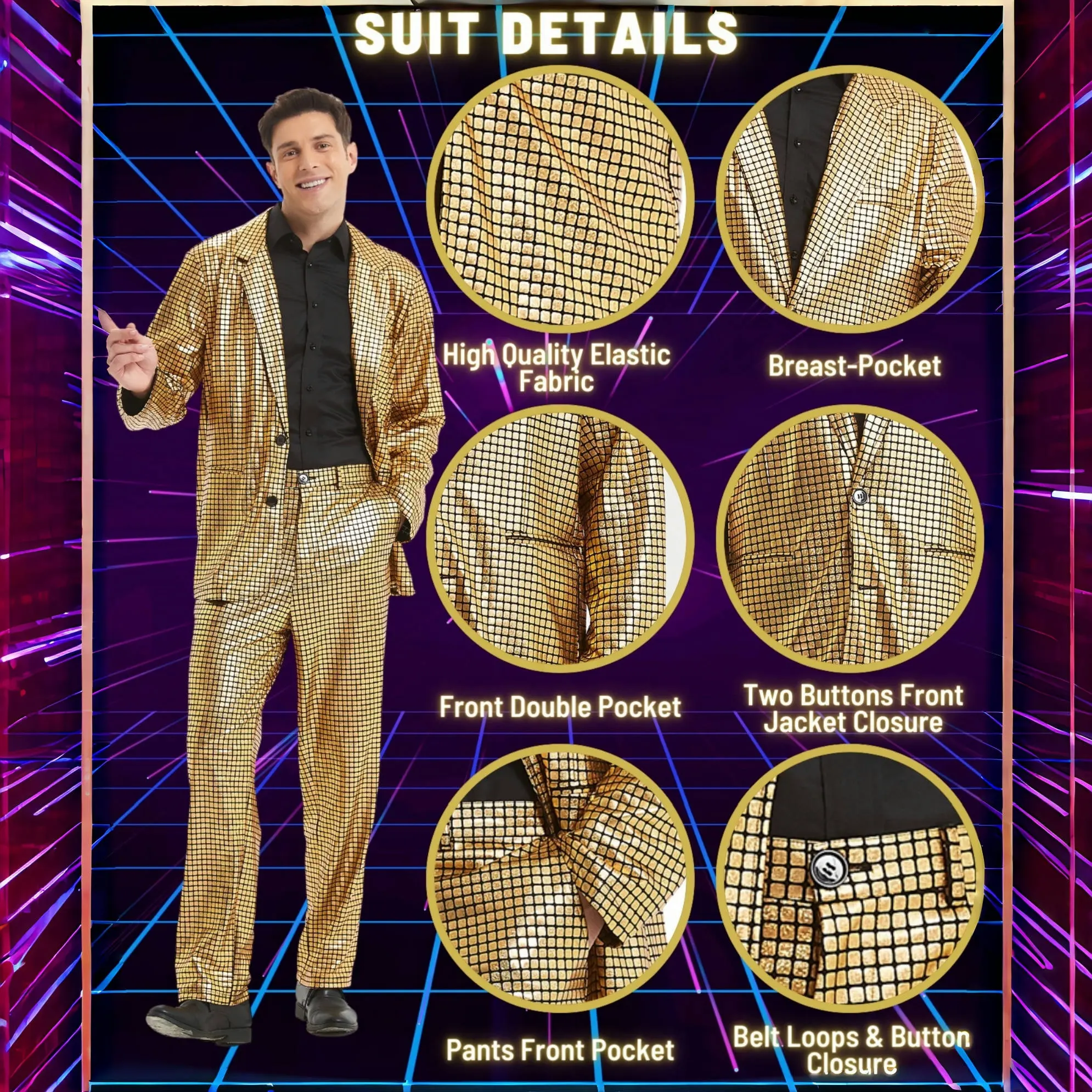 Men's Gold Laser Sequin Suit Adult Halloween Party Birthday Dress up Jacket Pant Disco PROM suit Inspired by TV   Movies