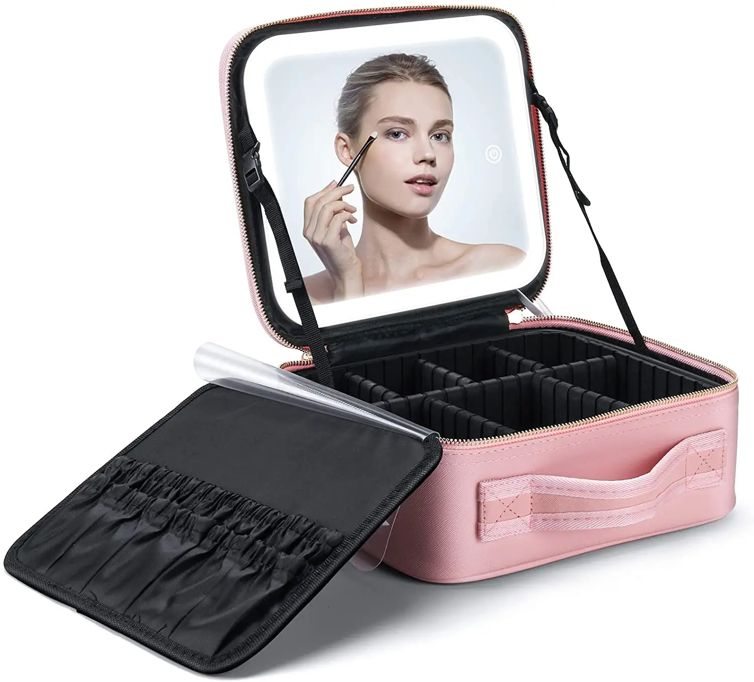 Nouvelle trousse de maquillage intelligente à LED avec miroir pour femmes, avec compartiments, grande capacité, étanche, étui à cosmétiques de voyage en cuir PU, 2023