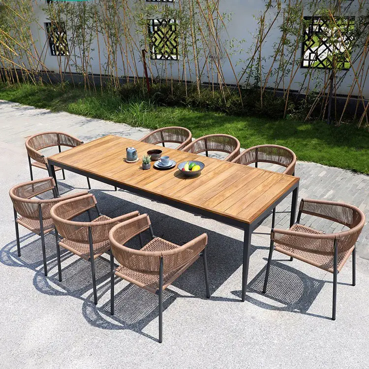 Mesas y sillas de teca para exteriores, mesa de comedor de aleación de ratán para Villa, ocio, balcón